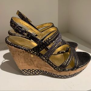 Isola Cork Wedge Sandle - Charcoal and metallic gold - Size 8